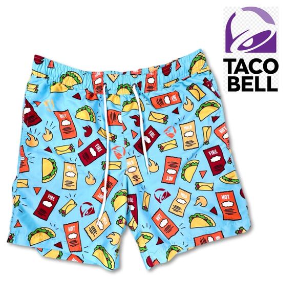 Taco Bell Swim Trunks Lined Men's Small Drawstring Hot Sauce Collection Food Fun - Picture 1 of 11